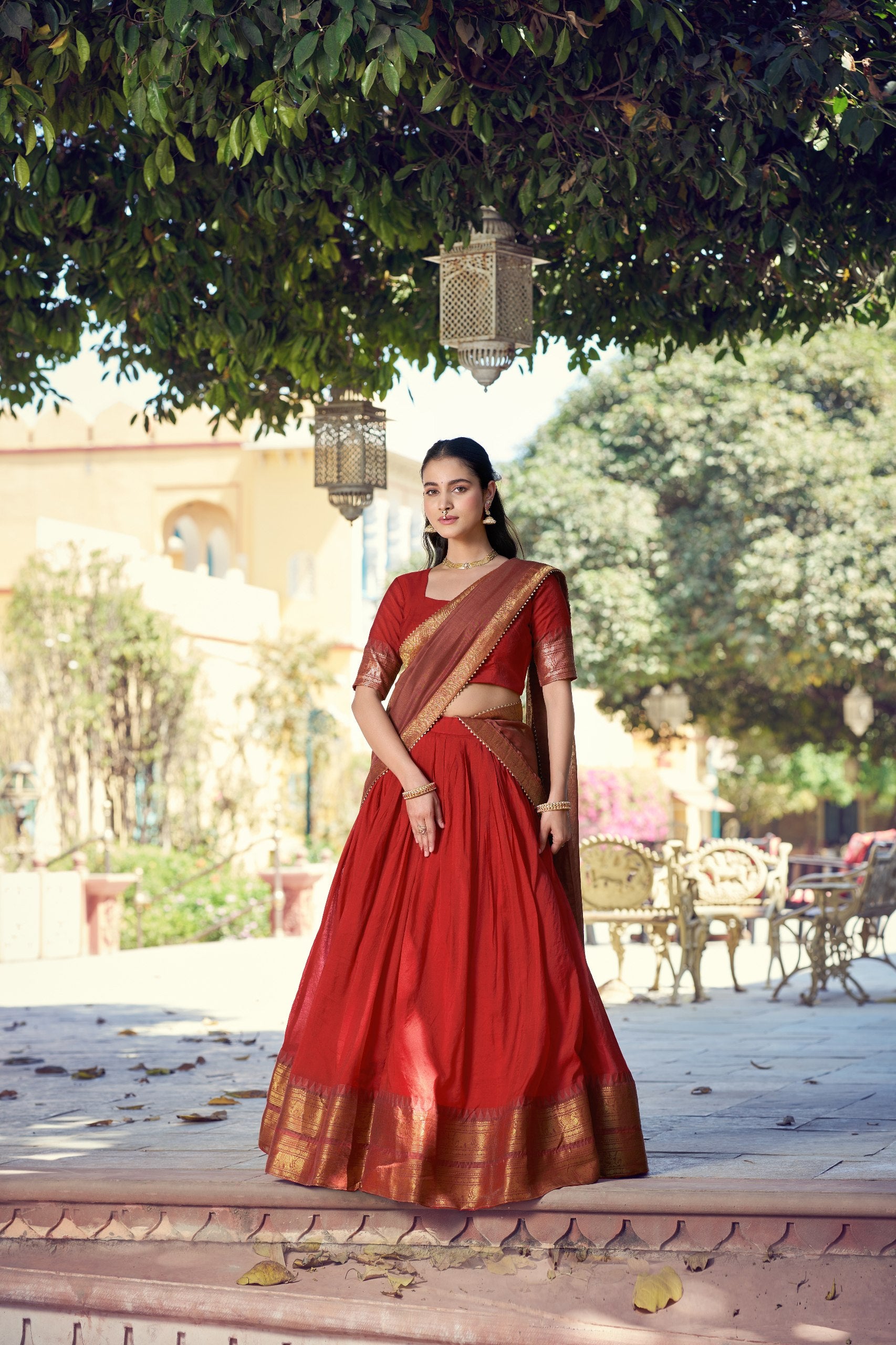 Red Pure Poly Poly Cotton with Zari Woven Half Saree Lehenga