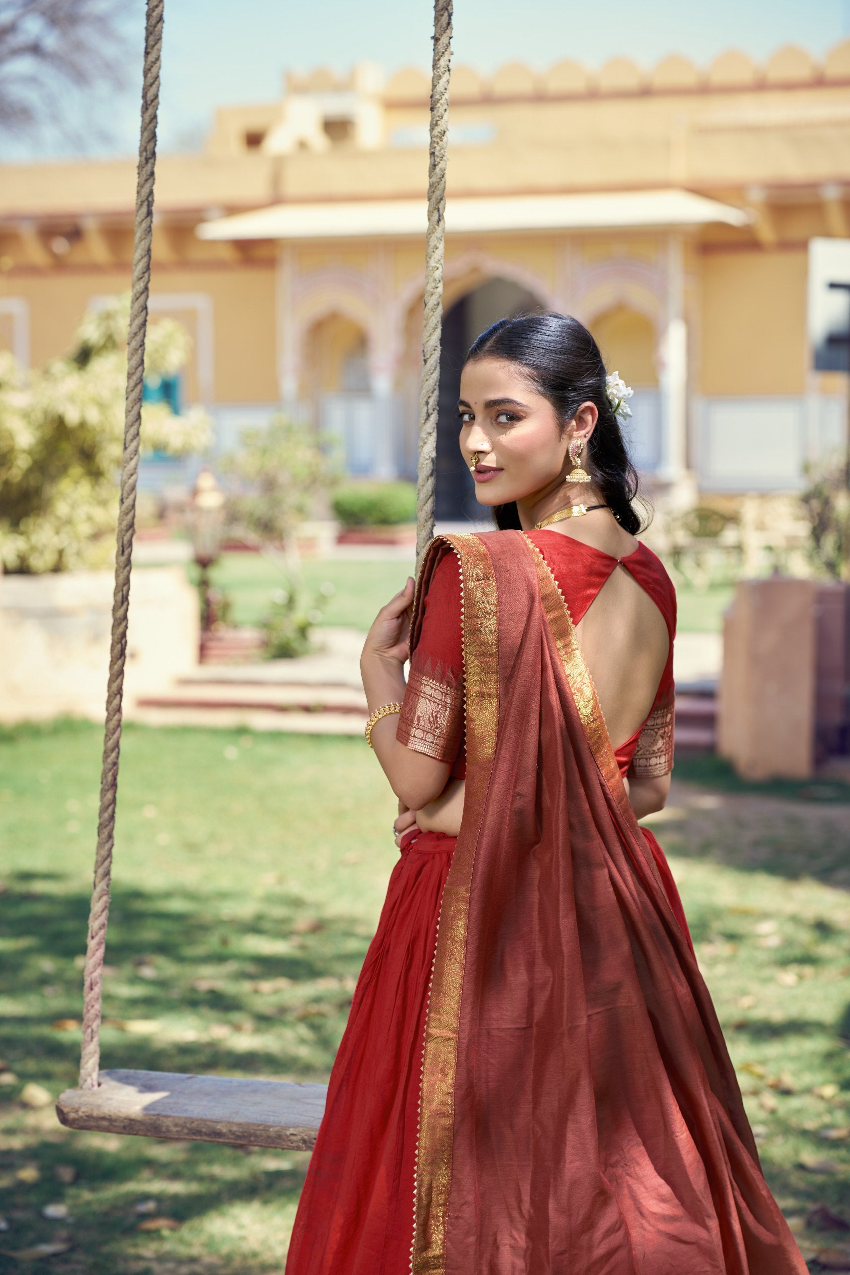 Red Pure Poly Poly Cotton with Zari Woven Half Saree Lehenga
