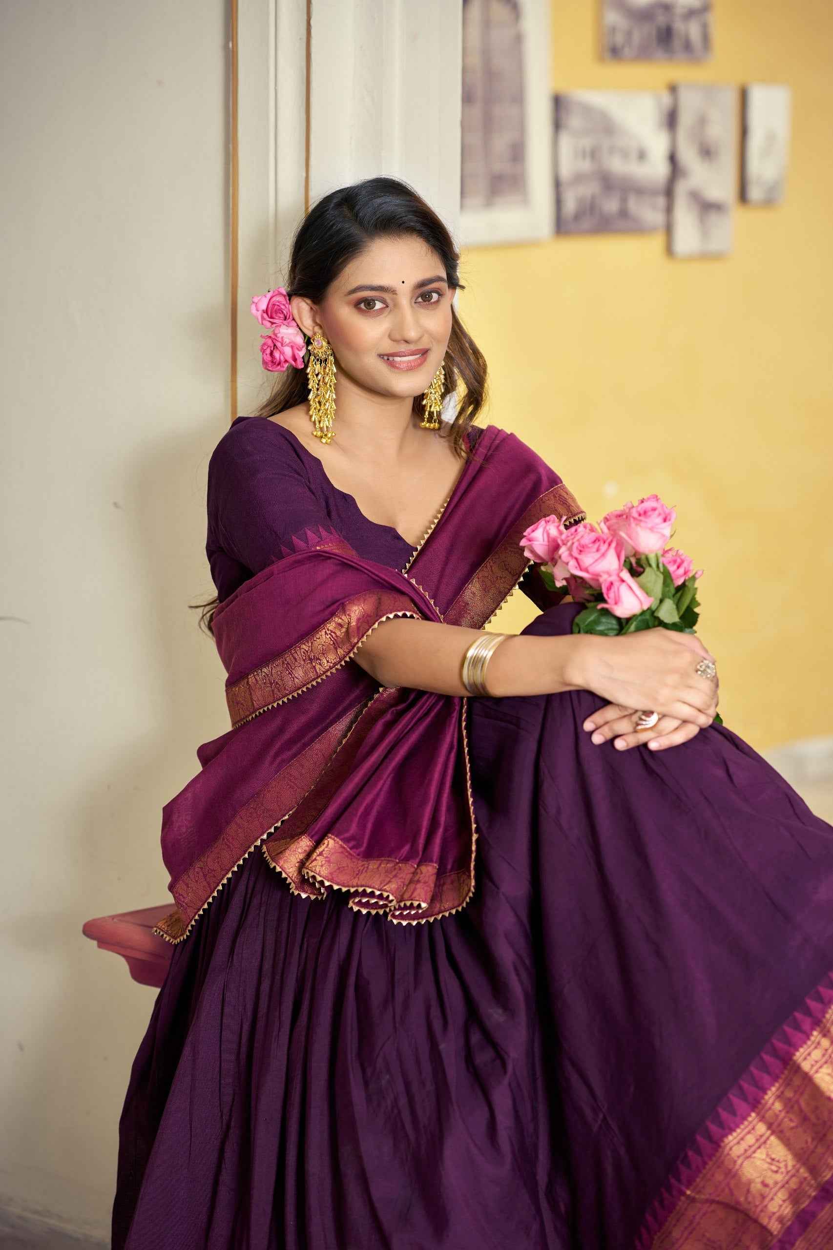 Purple Pure Poly Poly Cotton with Zari Woven Half Saree Lehenga