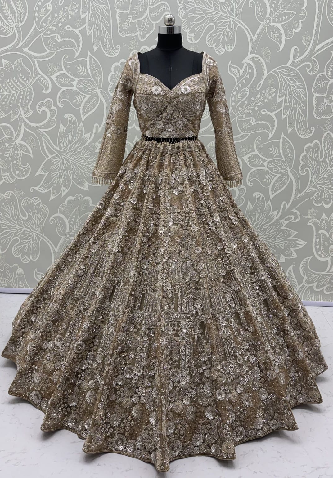 Golden Pure Heavy Net Monochrome Sequins Zari Embroidery Work Net Bridal Lehenga Choli