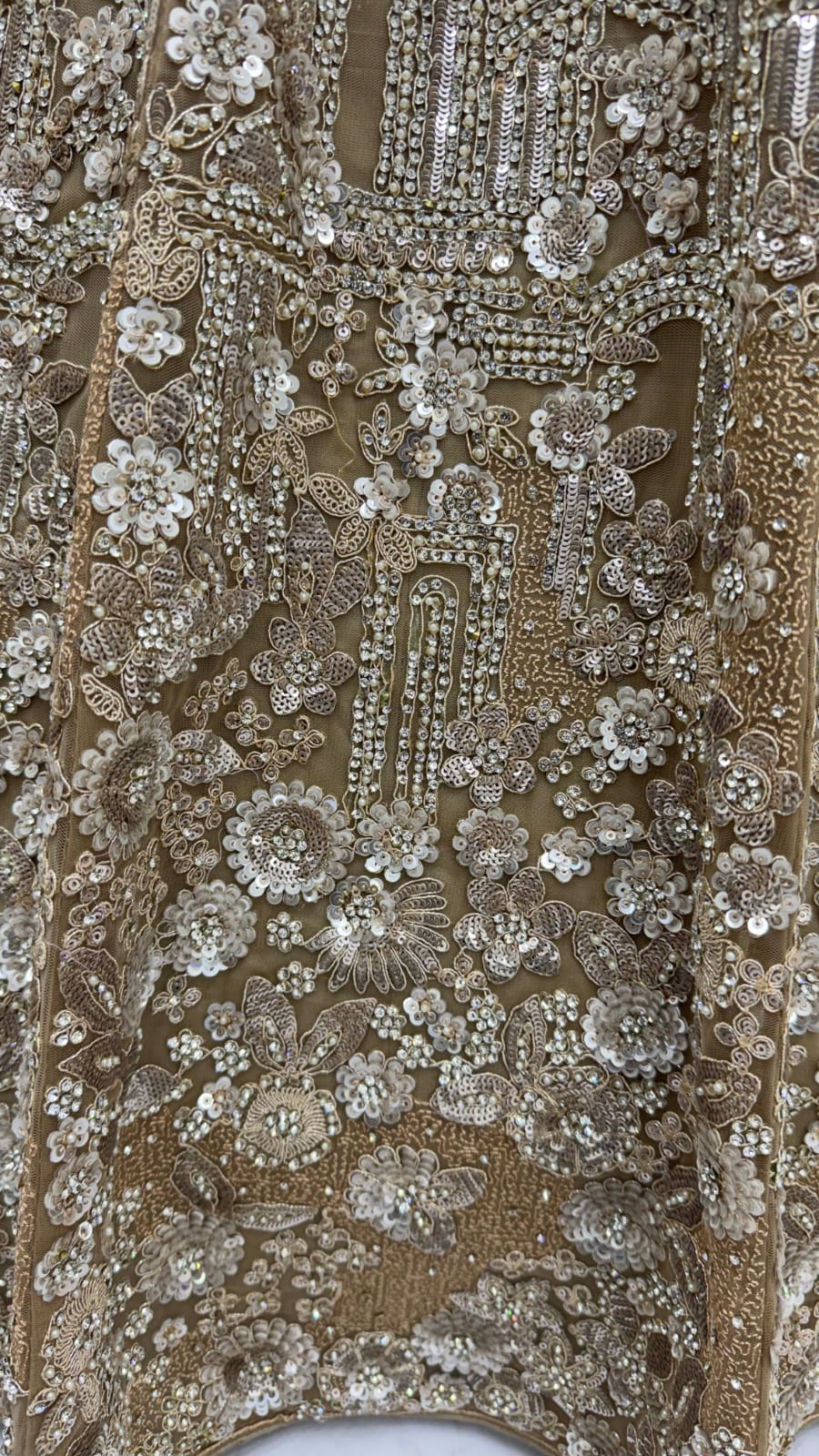 Golden Pure Heavy Net Monochrome Sequins Zari Embroidery Work Net Bridal Lehenga Choli