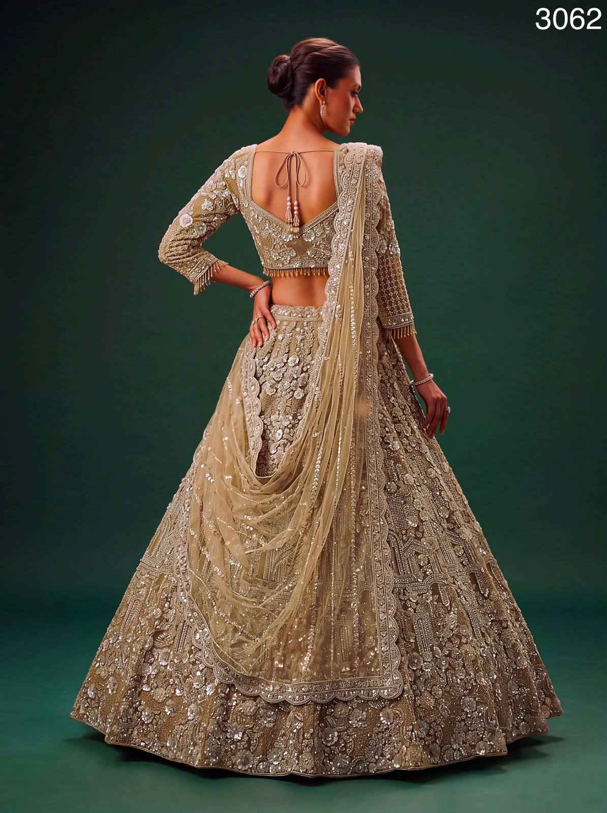 Golden Pure Heavy Net Monochrome Sequins Zari Embroidery Work Net Bridal Lehenga Choli