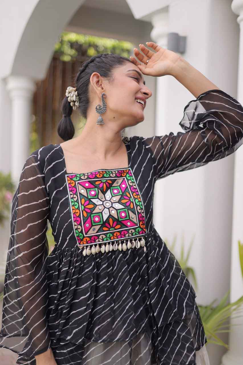 Black Pure Faux Georgette Lahariya Print with Kutchi Patchwork Navratri Lehenga Choli