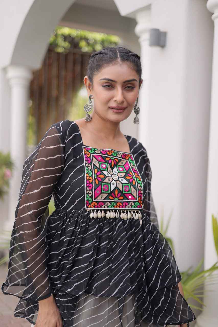 Black Pure Faux Georgette Lahariya Print with Kutchi Patchwork Navratri Lehenga Choli