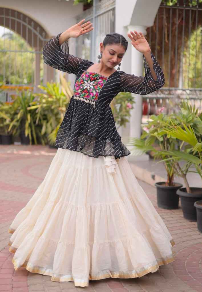 Black Pure Faux Georgette Lahariya Print with Kutchi Patchwork Navratri Lehenga Choli
