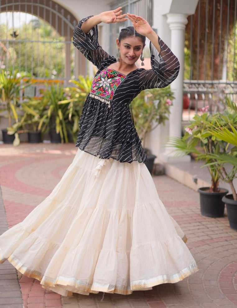 Black Pure Faux Georgette Lahariya Print with Kutchi Patchwork Navratri Lehenga Choli