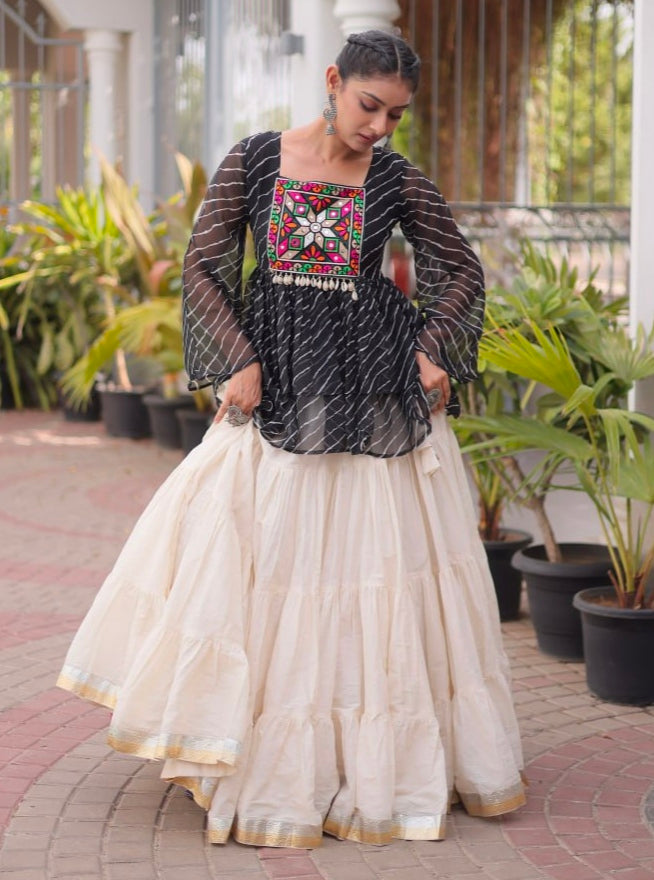 Black Pure Faux Georgette Lahariya Print with Kutchi Patchwork Navratri Lehenga Choli
