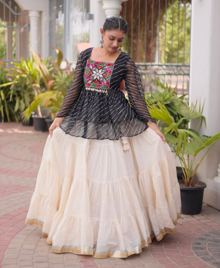 Black Pure Faux Georgette Lahariya Print with Kutchi Patchwork Navratri Lehenga Choli