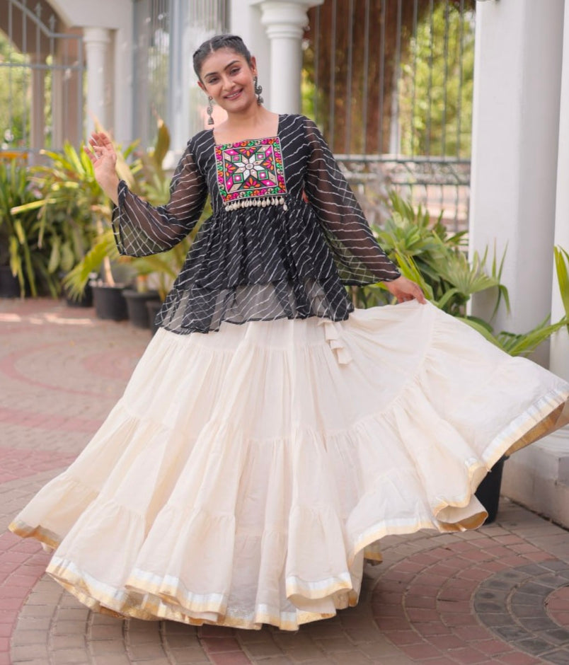 Black Pure Faux Georgette Lahariya Print with Kutchi Patchwork Navratri Lehenga Choli