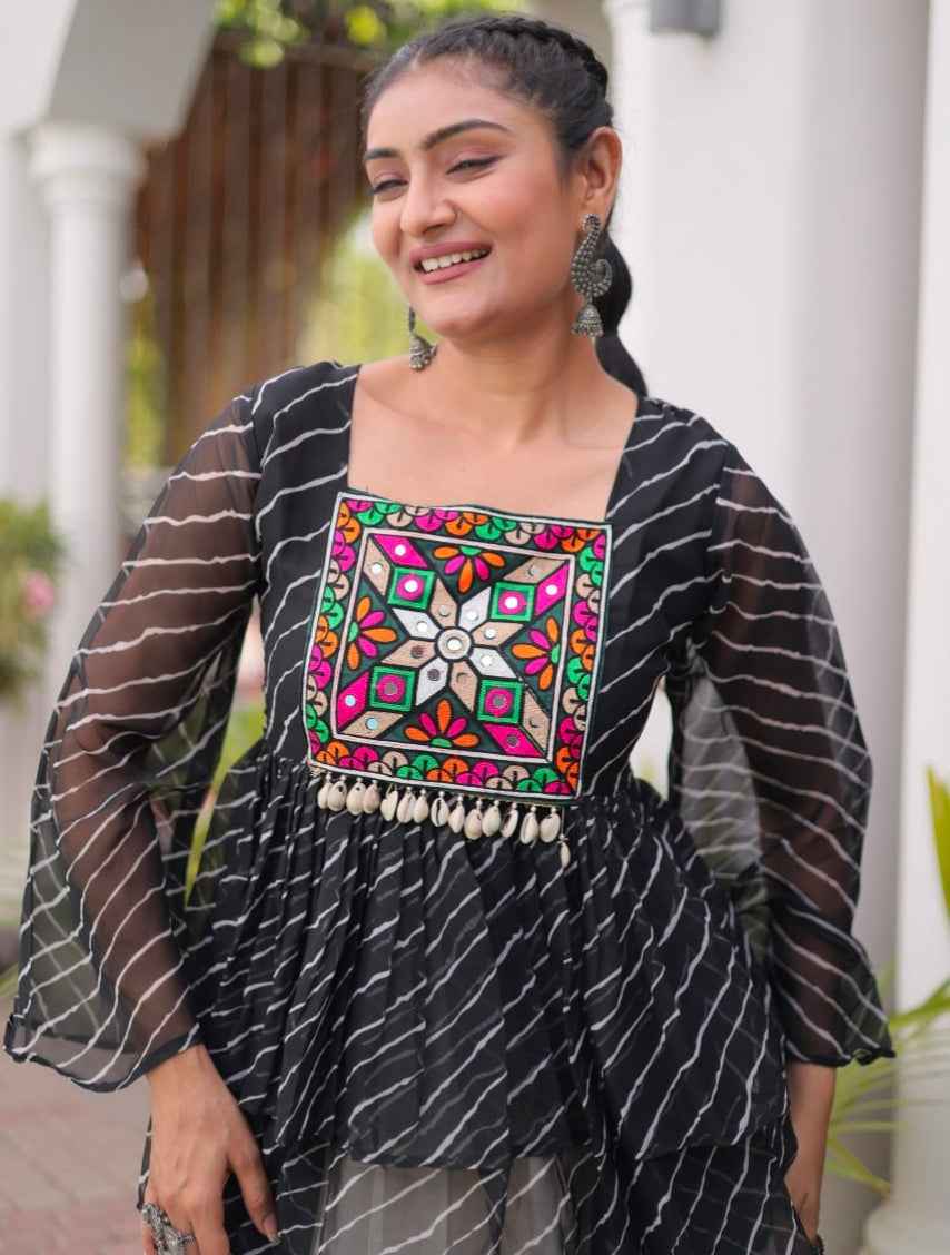 Black Pure Faux Georgette Lahariya Print with Kutchi Patchwork Navratri Lehenga Choli