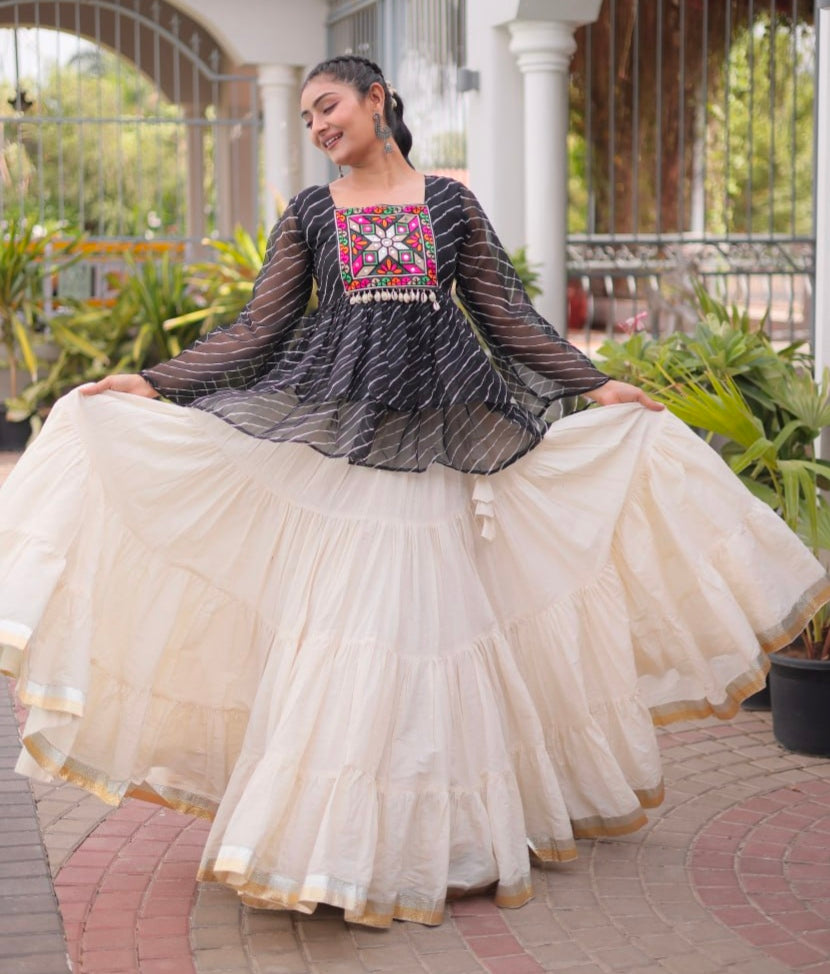 Black Pure Faux Georgette Lahariya Print with Kutchi Patchwork Navratri Lehenga Choli