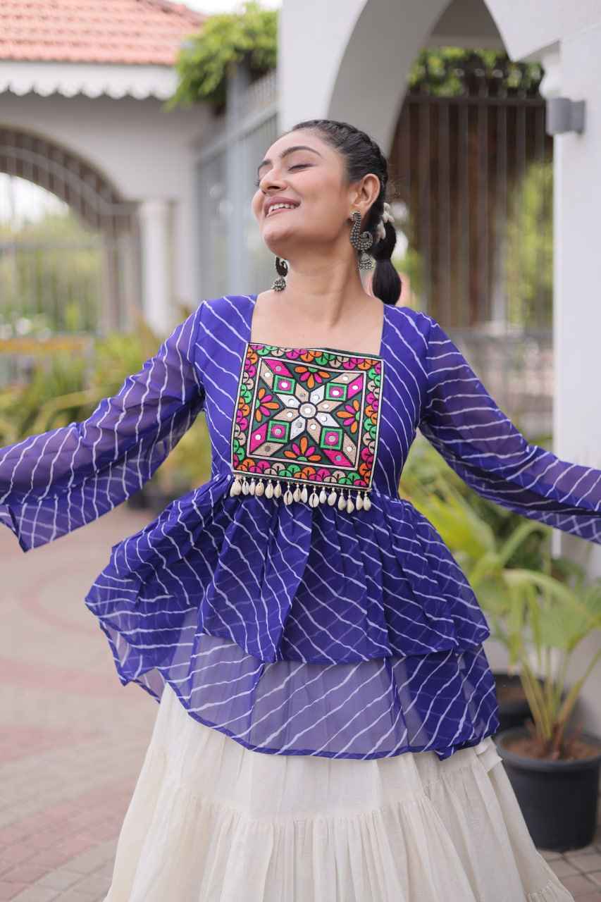 Blue Pure Faux Georgette Lahariya Print with Kutchi Patchwork Navratri Lehenga Choli