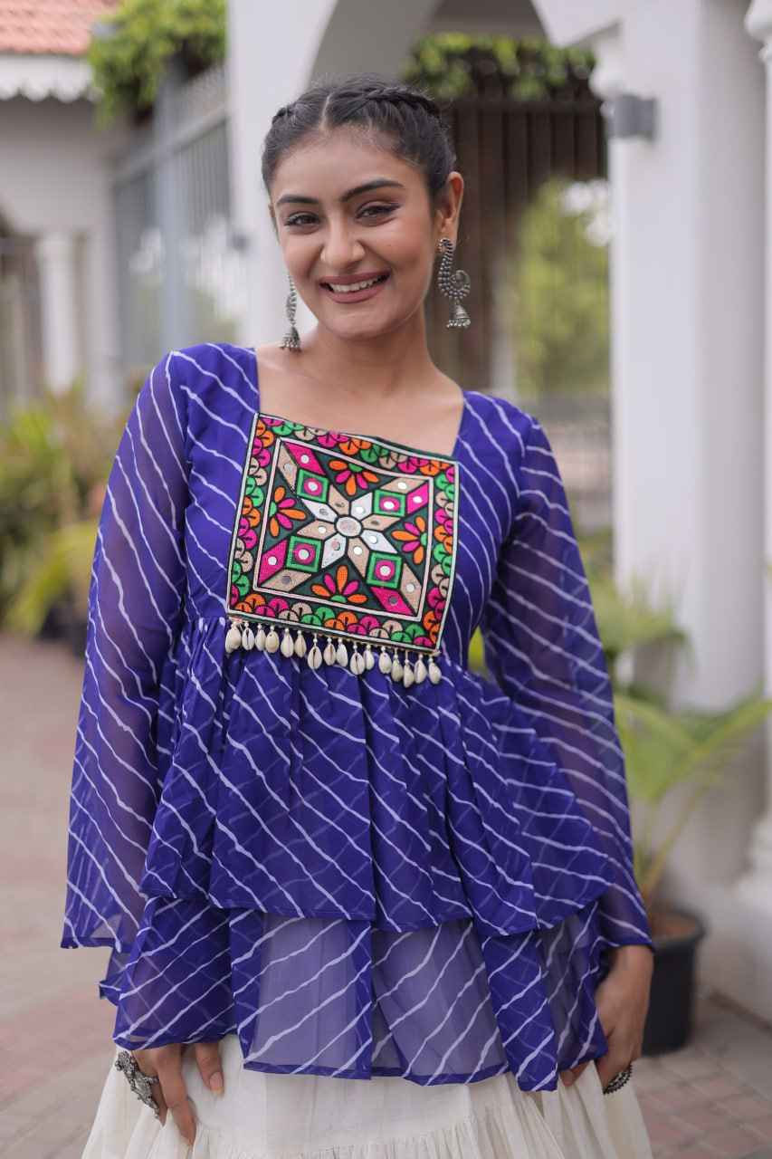 Blue Pure Faux Georgette Lahariya Print with Kutchi Patchwork Navratri Lehenga Choli