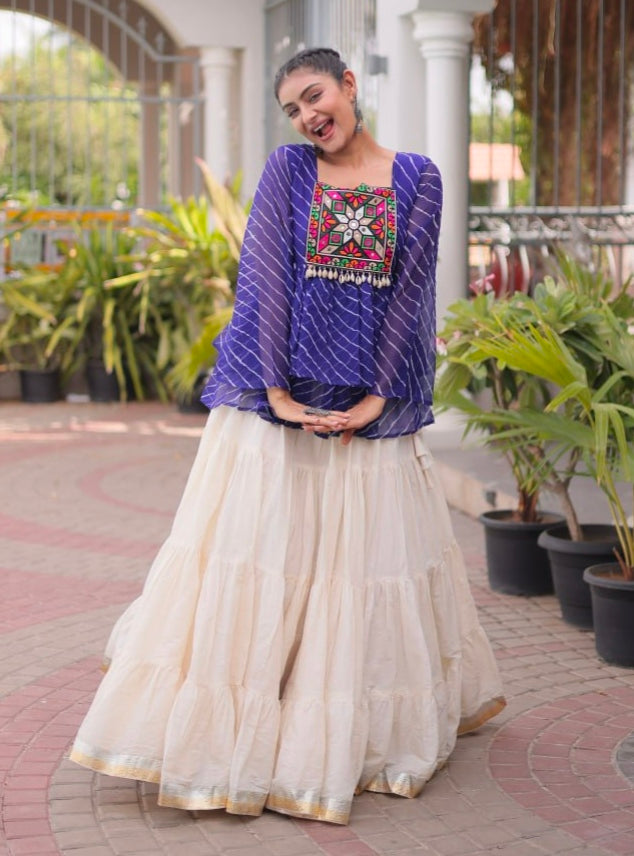 Blue Pure Faux Georgette Lahariya Print with Kutchi Patchwork Navratri Lehenga Choli