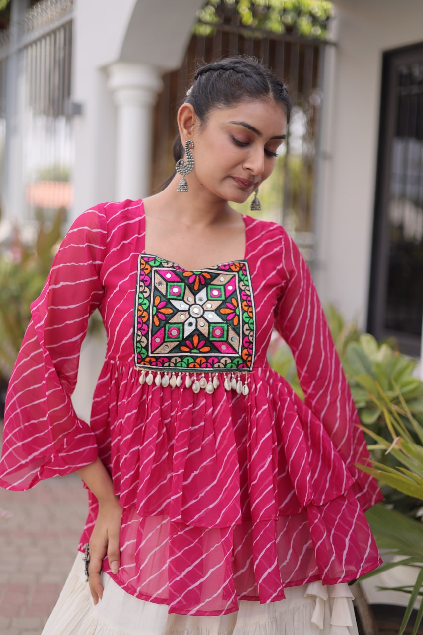 Pink Pure Faux Georgette Lahariya Print with Kutchi Patchwork Navratri Lehenga Choli