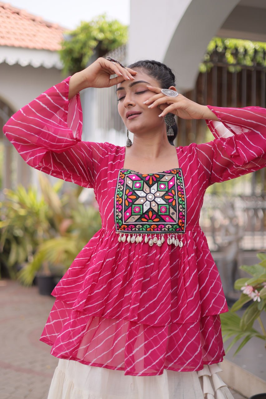 Pink Pure Faux Georgette Lahariya Print with Kutchi Patchwork Navratri Lehenga Choli