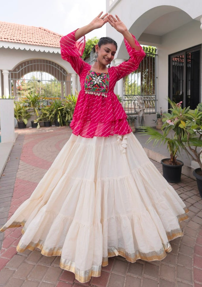 Pink Pure Faux Georgette Lahariya Print with Kutchi Patchwork Navratri Lehenga Choli