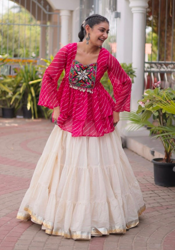 Pink Pure Faux Georgette Lahariya Print with Kutchi Patchwork Navratri Lehenga Choli