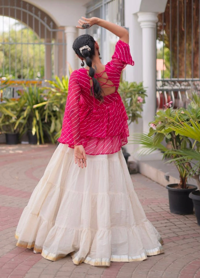 Pink Pure Faux Georgette Lahariya Print with Kutchi Patchwork Navratri Lehenga Choli
