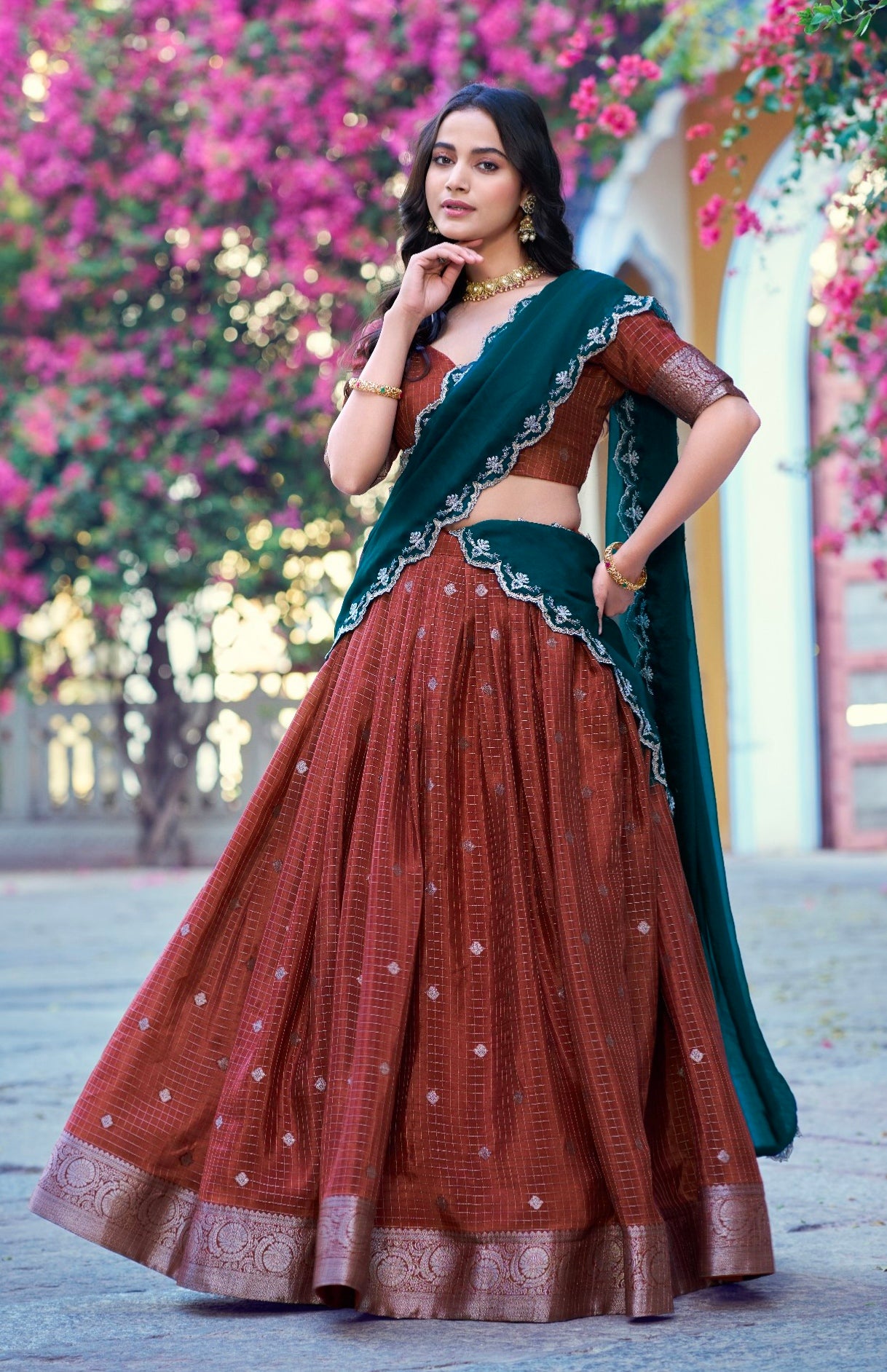 Rust Pure Poly Cotton with Zari Woven Half Saree Lehenga