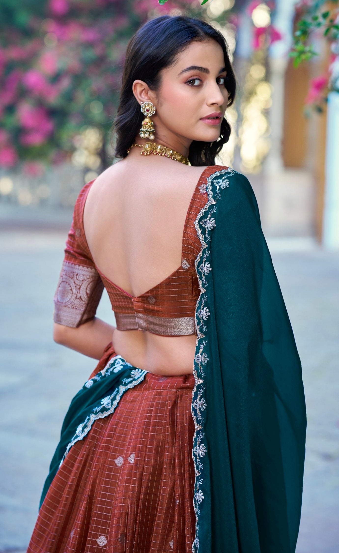 Rust Pure Poly Cotton with Zari Woven Half Saree Lehenga