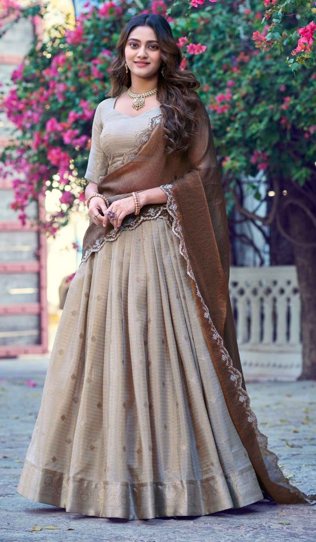 Cream Pure Poly Cotton with Zari Woven Half Saree Lehenga