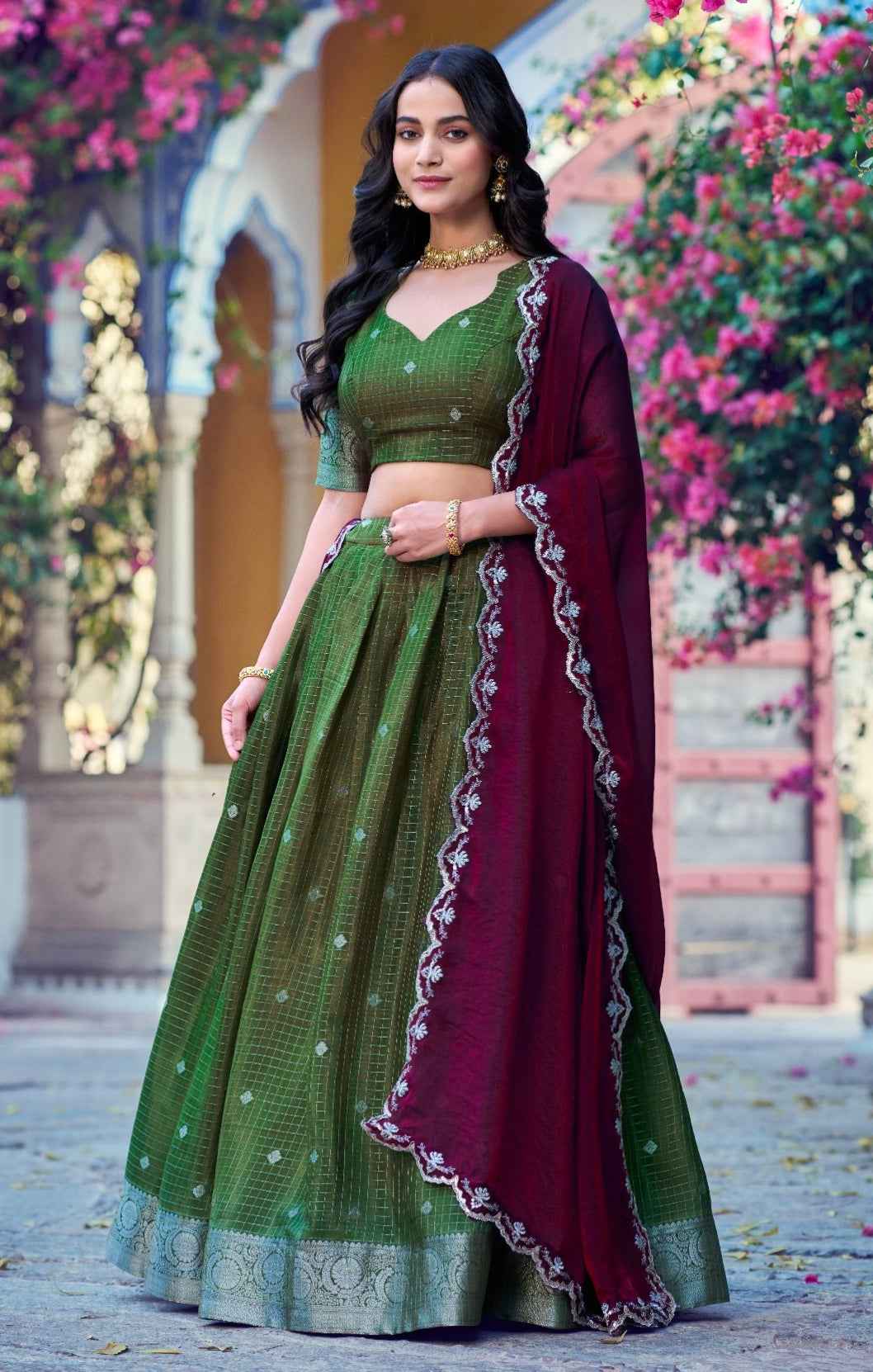 Mehandi Pure Poly Cotton with Zari Woven Half Saree Lehenga