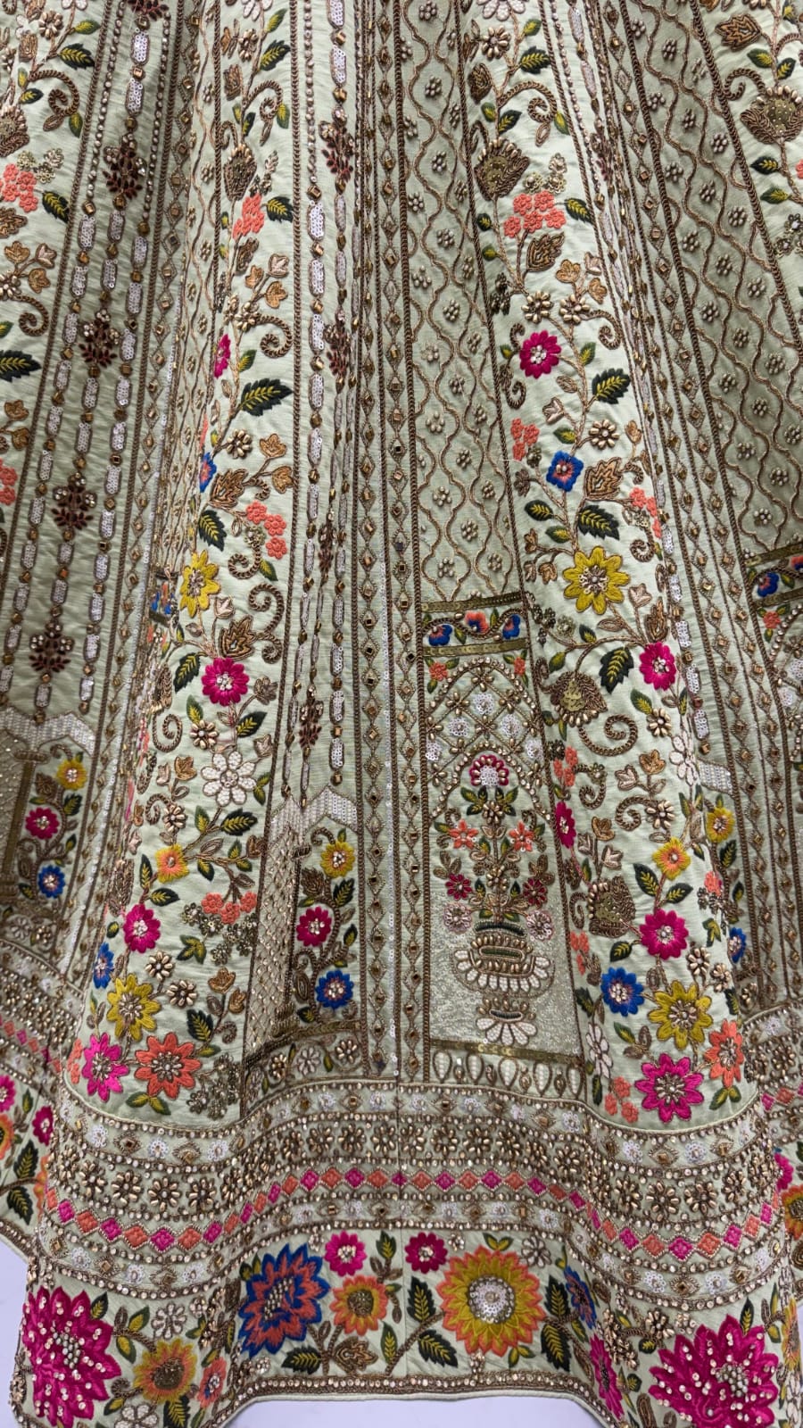 Off White Pure Gadhwal Silk Thread Embroidery Crystal & Pearl Hand Sequins Bridal Lehenga Choli