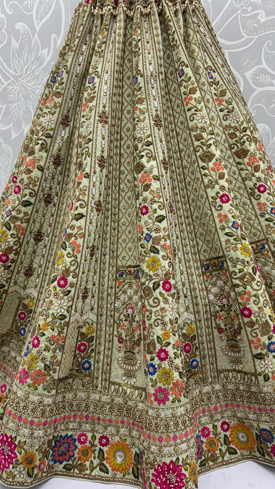 Pista Pure Gadhwal Silk Thread Embroidery Crystal & Pearl Hand Sequins Bridal Lehenga Choli