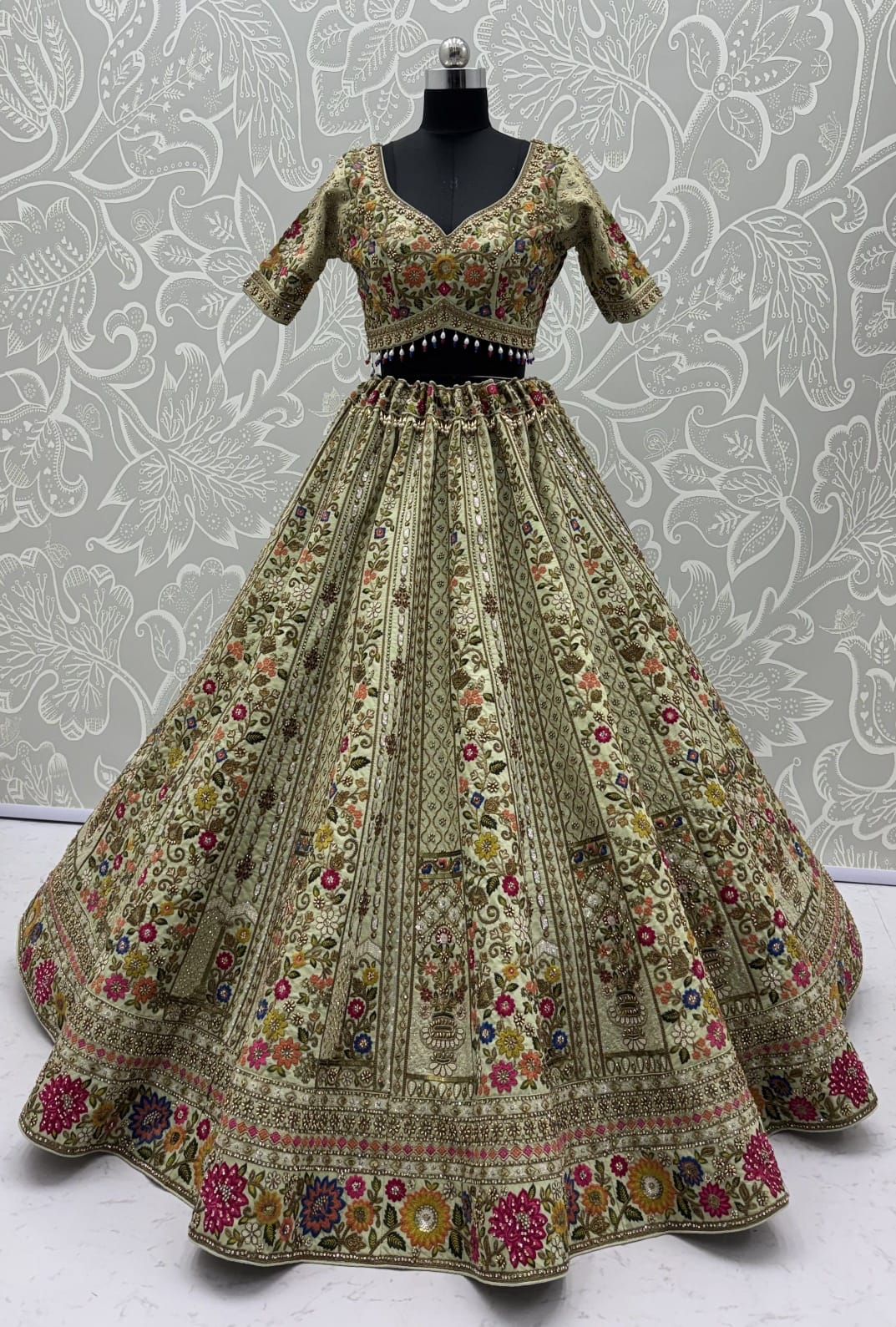 Pista Pure Gadhwal Silk Thread Embroidery Crystal & Pearl Hand Sequins Bridal Lehenga Choli