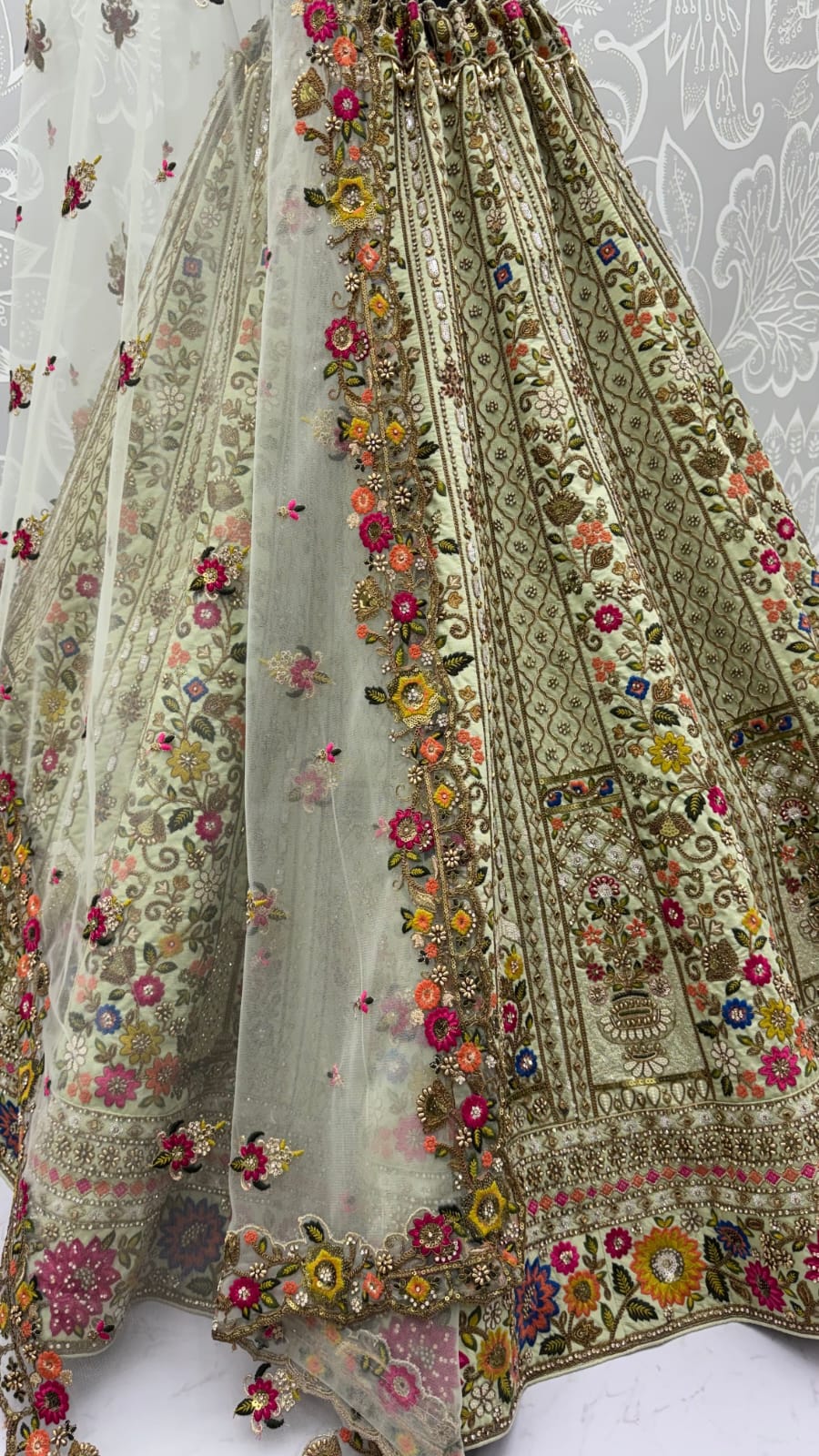 Pista Pure Gadhwal Silk Thread Embroidery Crystal & Pearl Hand Sequins Bridal Lehenga Choli
