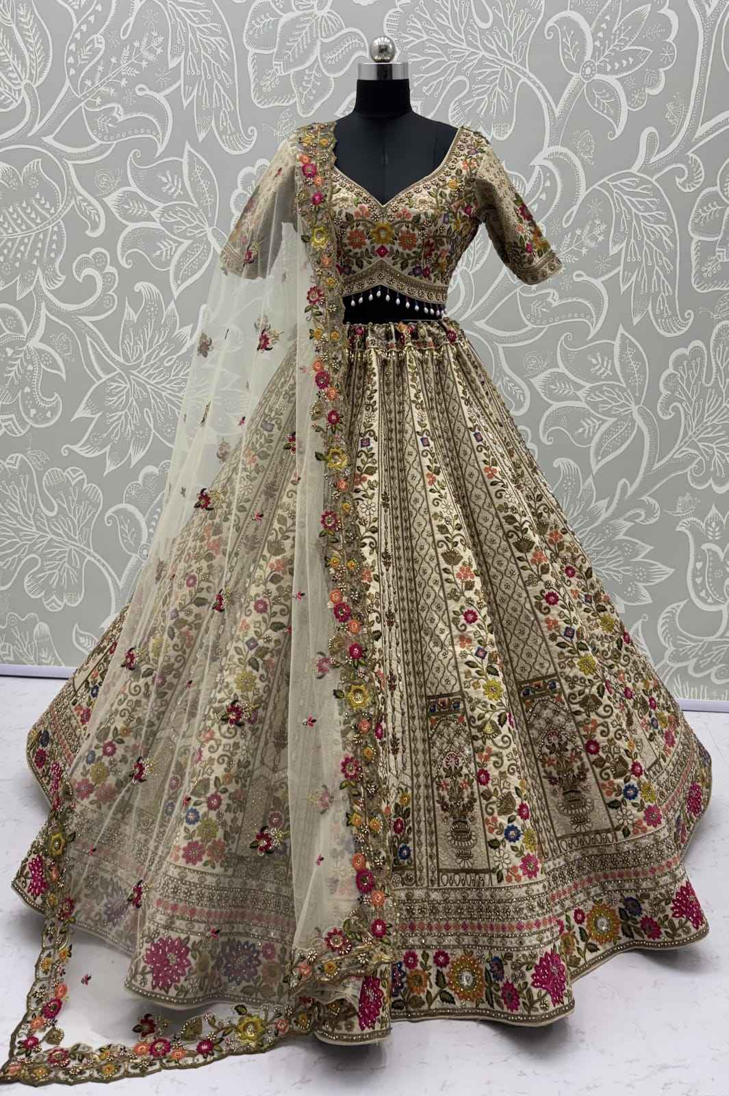 Off White Pure Gadhwal Silk Thread Embroidery Crystal & Pearl Hand Sequins Bridal Lehenga Choli