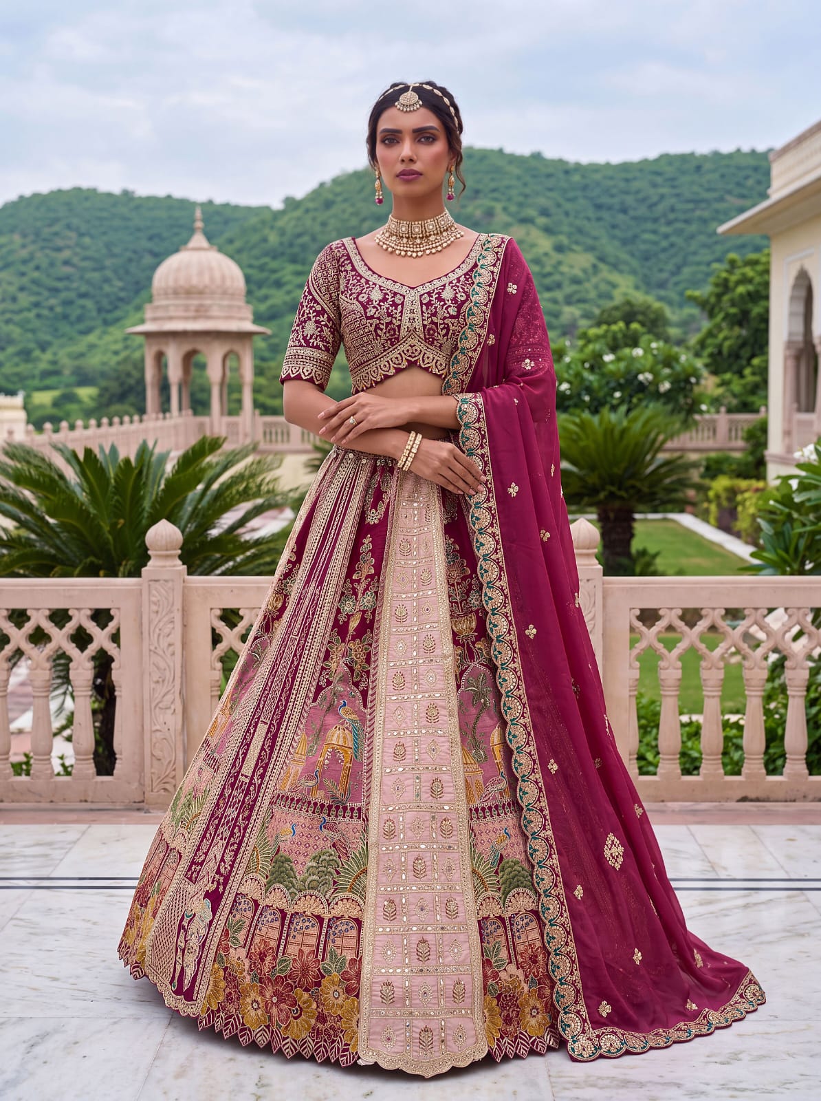 Pink Pure Banarasi Silk & Satin Silk Heavy Embroidery Dori & Zari Hand Mirror Sequins Work Bridal Lehenga Choli