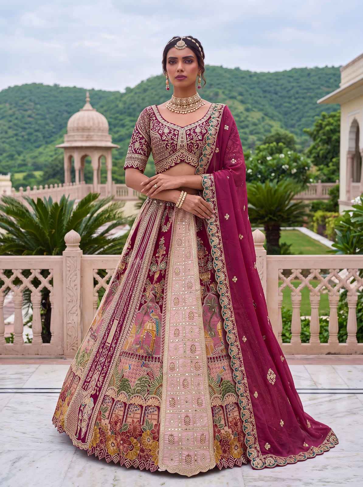 Pink Pure Banarasi Silk & Satin Silk Heavy Embroidery Dori & Zari Hand Mirror Sequins Work Bridal Lehenga Choli
