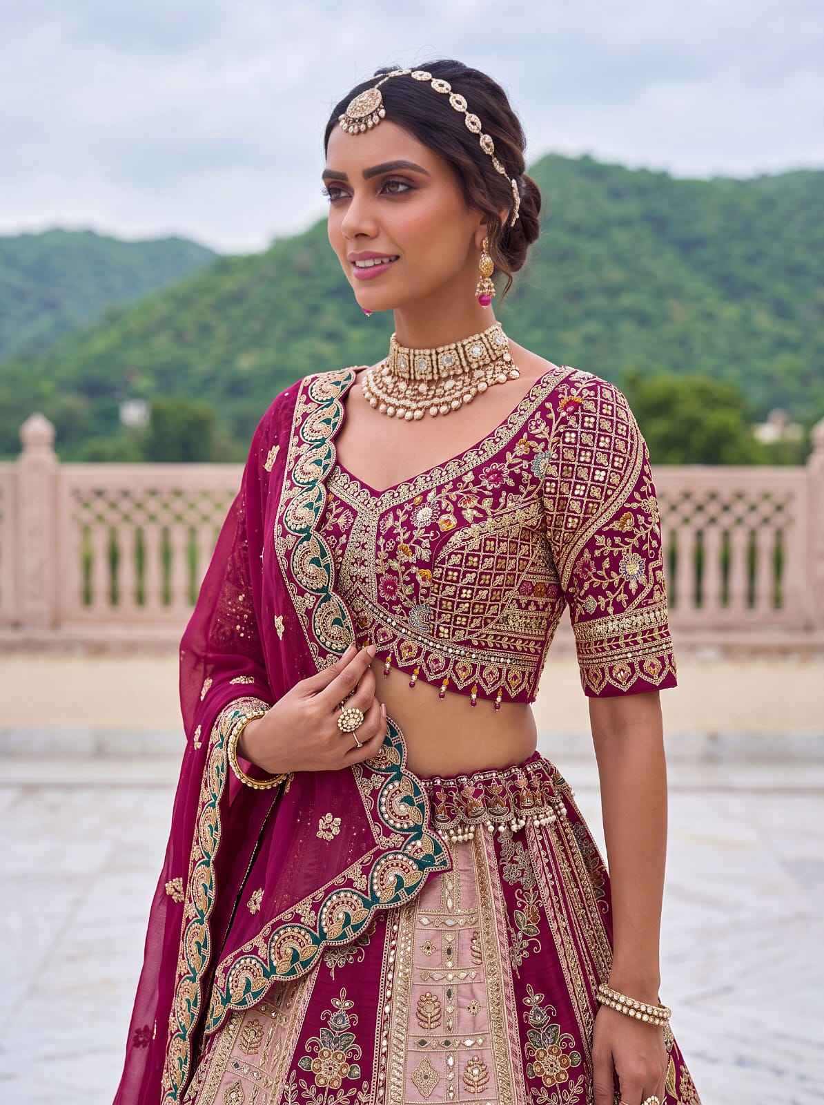 Pink Pure Banarasi Silk & Satin Silk Heavy Embroidery Dori & Zari Hand Mirror Sequins Work Bridal Lehenga Choli