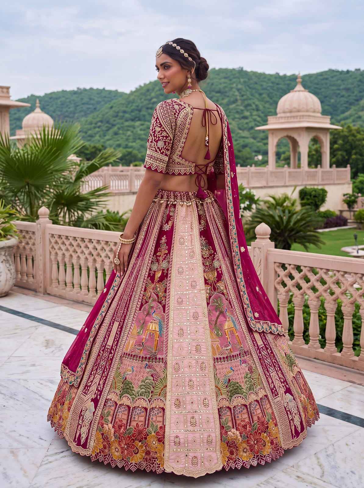 Pink Pure Banarasi Silk & Satin Silk Heavy Embroidery Dori & Zari Hand Mirror Sequins Work Bridal Lehenga Choli