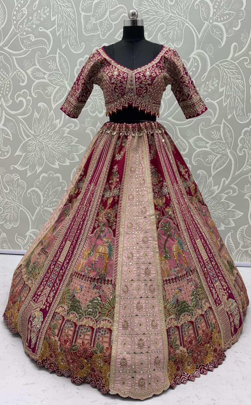 Pink Pure Banarasi Silk & Satin Silk Heavy Embroidery Dori & Zari Hand Mirror Sequins Work Bridal Lehenga Choli