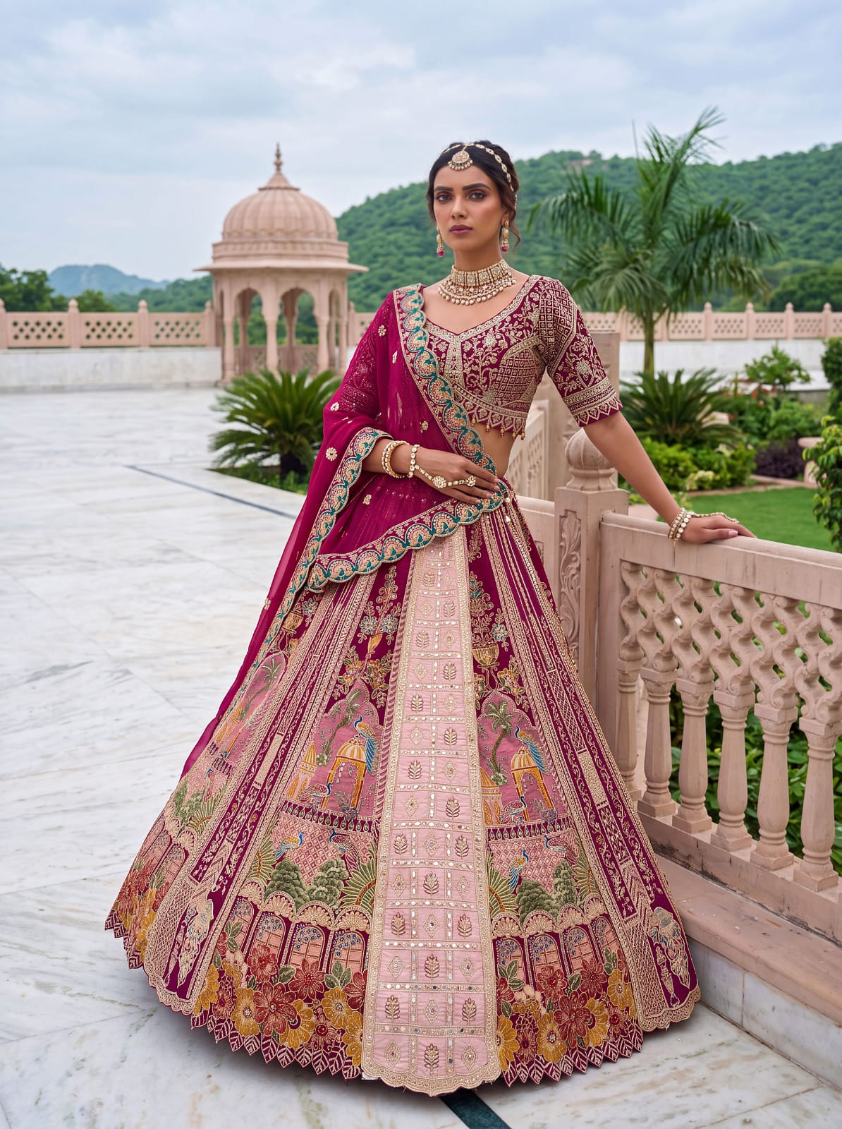 Pink Pure Banarasi Silk & Satin Silk Heavy Embroidery Dori & Zari Hand Mirror Sequins Work Bridal Lehenga Choli