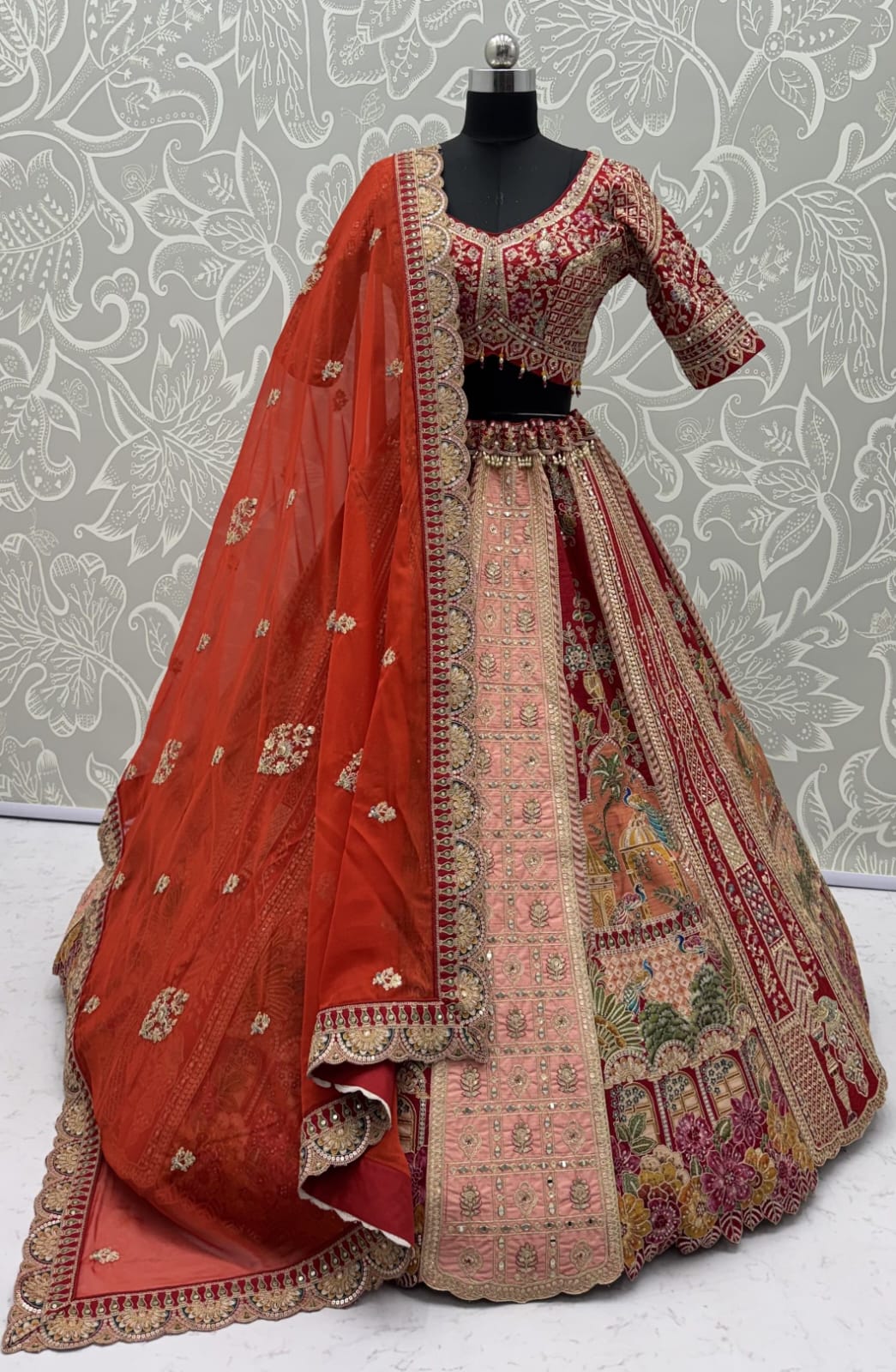 Orange Pure Banarasi Silk & Satin Silk Heavy Embroidery Dori & Zari Hand Mirror Sequins Work Bridal Lehenga Choli