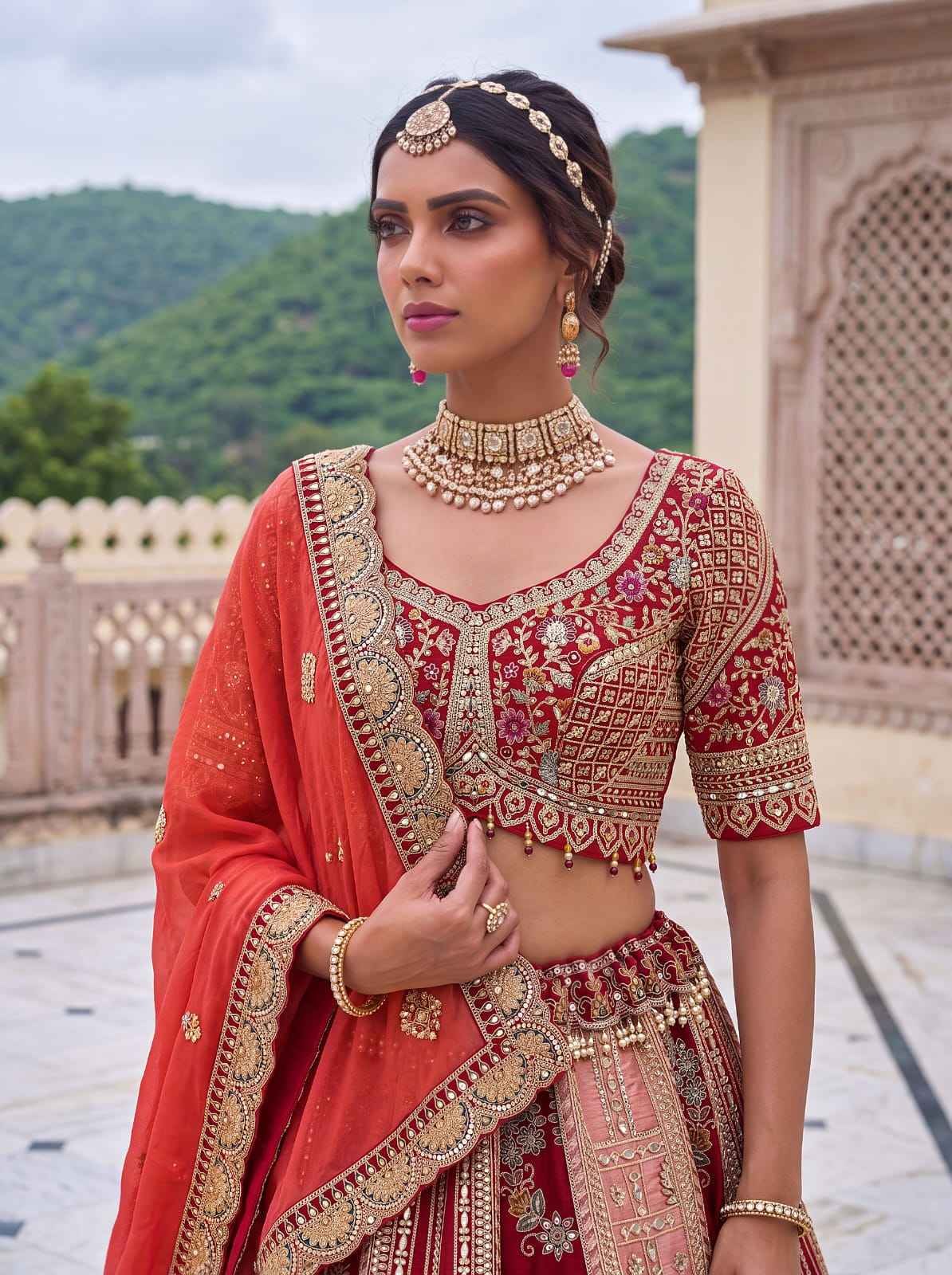 Orange Pure Banarasi Silk & Satin Silk Heavy Embroidery Dori & Zari Hand Mirror Sequins Work Bridal Lehenga Choli