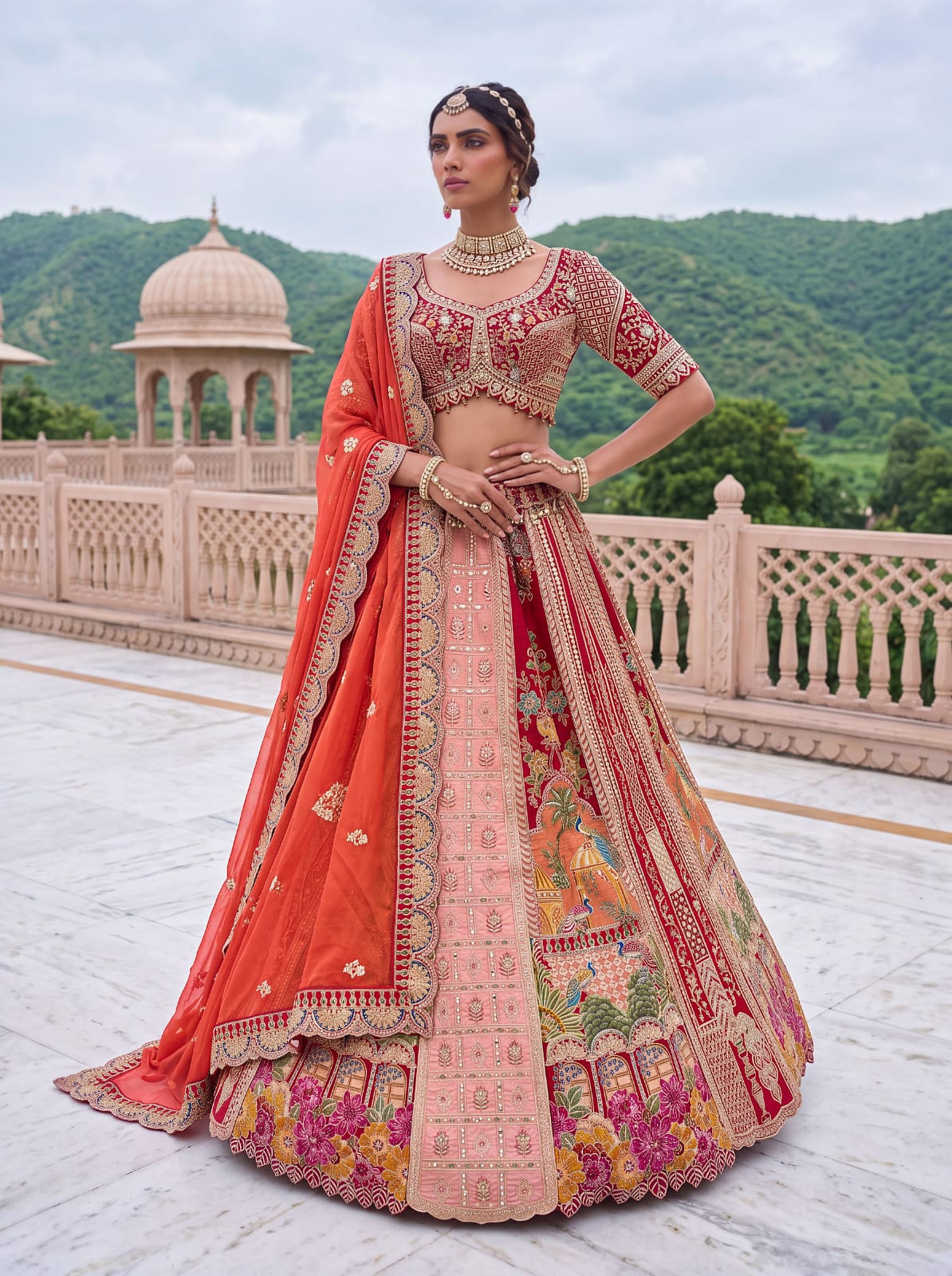 Orange Pure Banarasi Silk & Satin Silk Heavy Embroidery Dori & Zari Hand Mirror Sequins Work Bridal Lehenga Choli