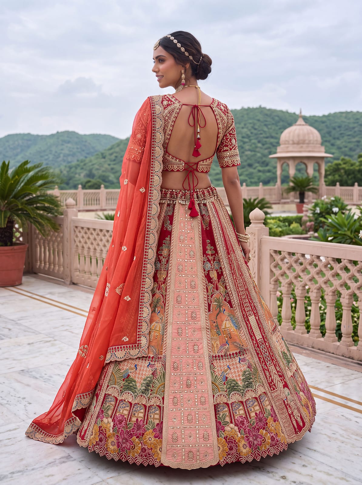 Orange Pure Banarasi Silk & Satin Silk Heavy Embroidery Dori & Zari Hand Mirror Sequins Work Bridal Lehenga Choli