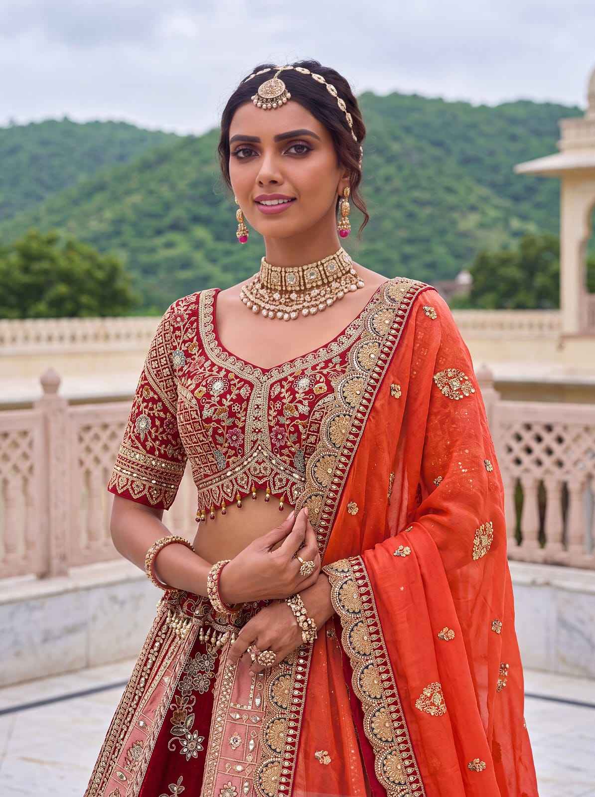 Orange Pure Banarasi Silk & Satin Silk Heavy Embroidery Dori & Zari Hand Mirror Sequins Work Bridal Lehenga Choli