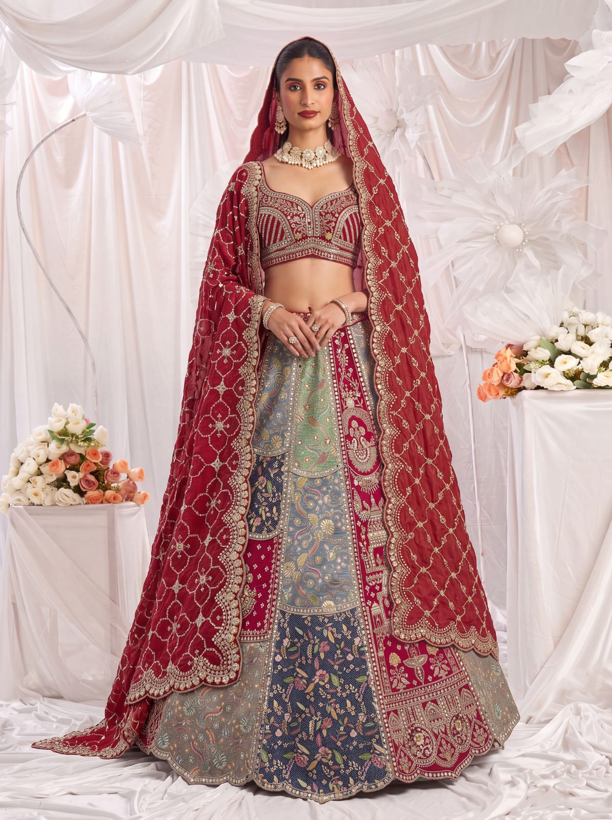 Grey Pure Banarasi Silk Multi-Toned Patchwork Embroidery Real Hand Mirror Sequins Work Bridal Lehenga Choli