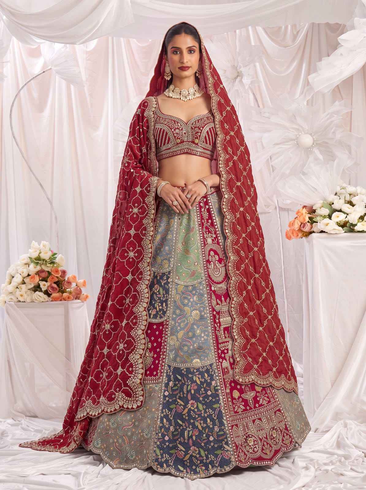 Grey Pure Banarasi Silk Multi-Toned Patchwork Embroidery Real Hand Mirror Sequins Work Bridal Lehenga Choli