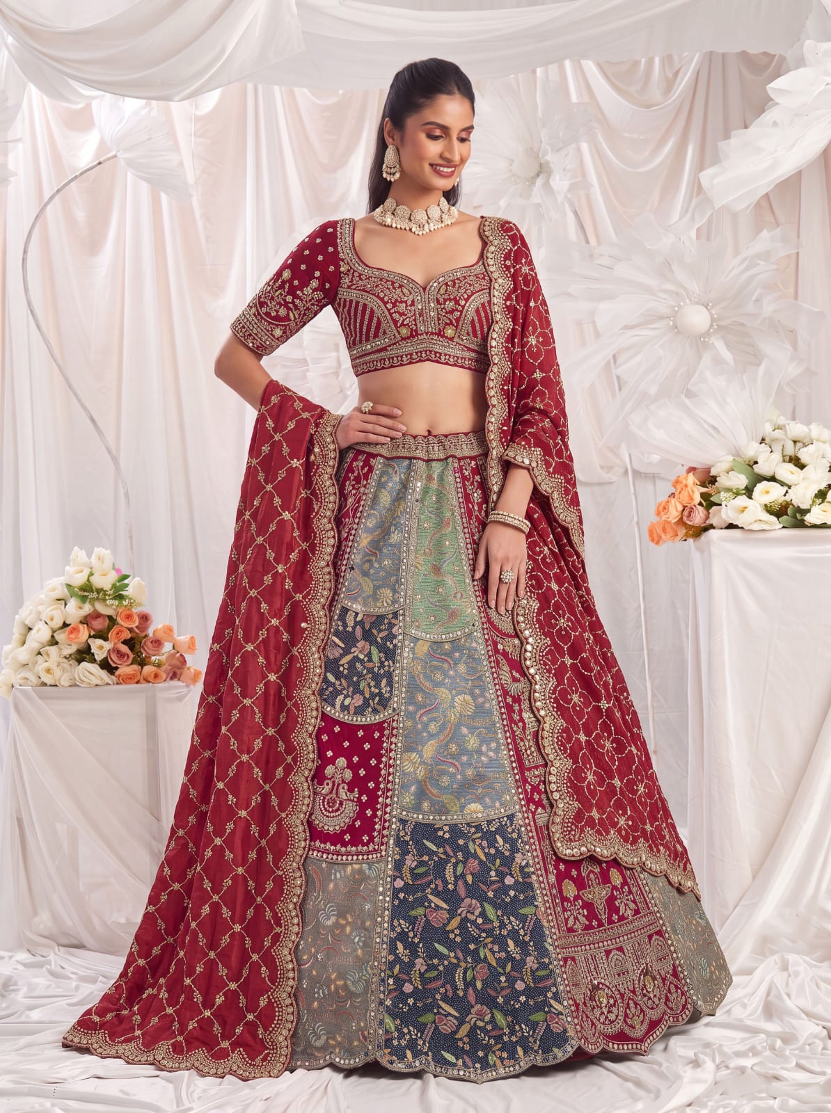 Grey Pure Banarasi Silk Multi-Toned Patchwork Embroidery Real Hand Mirror Sequins Work Bridal Lehenga Choli