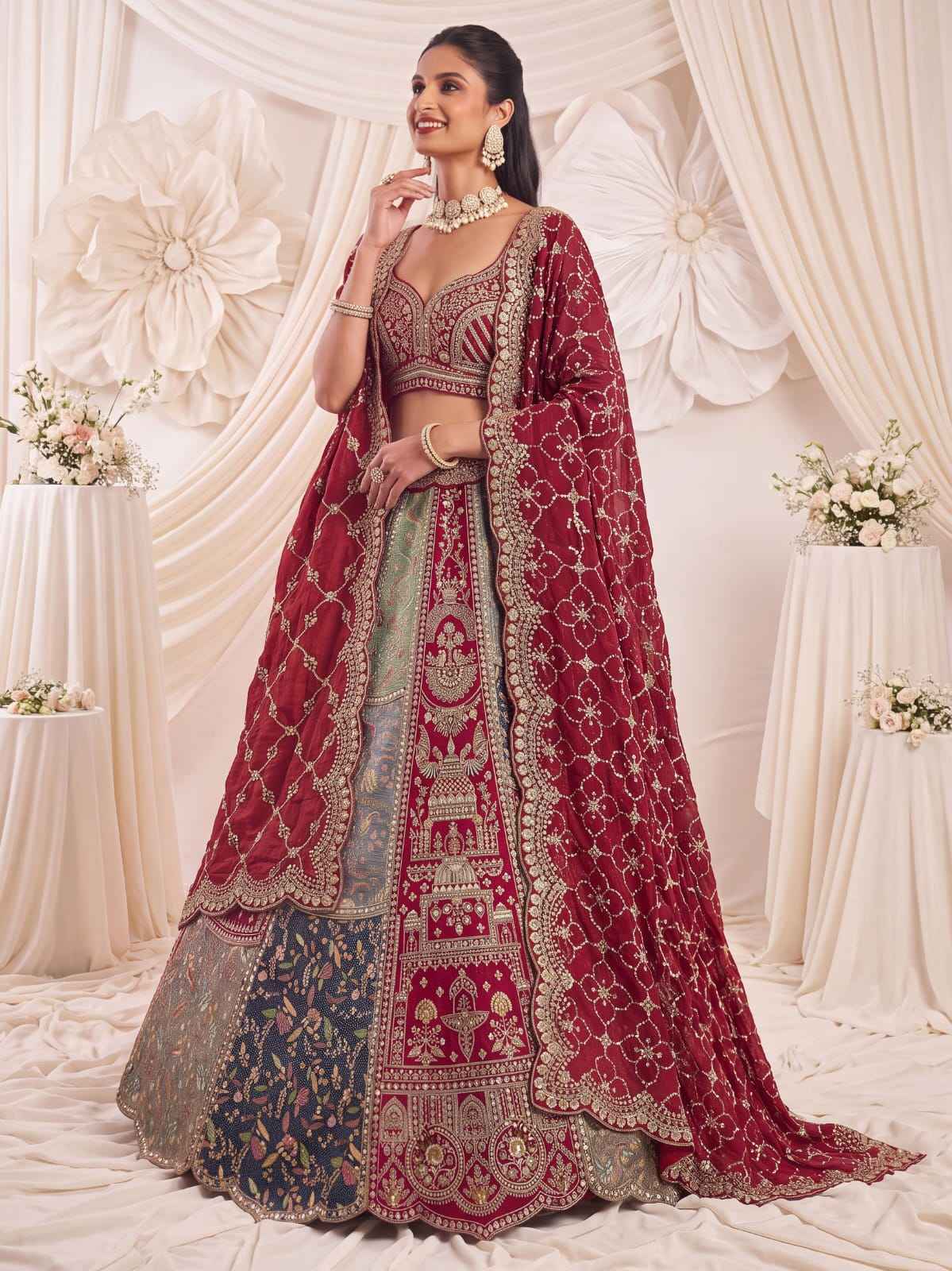 Grey Pure Banarasi Silk Multi-Toned Patchwork Embroidery Real Hand Mirror Sequins Work Bridal Lehenga Choli