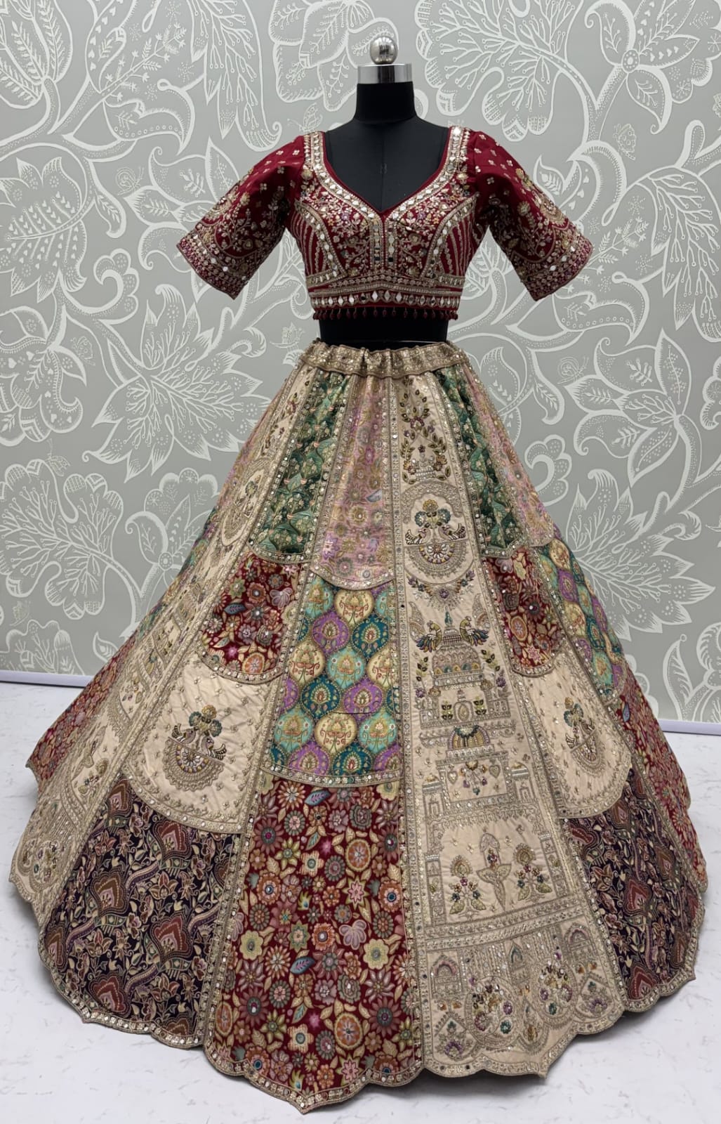 Off White Pure Silk Multi-Toned Patchwork Embroidery Real Hand Mirror Sequins Work Bridal Lehenga Choli