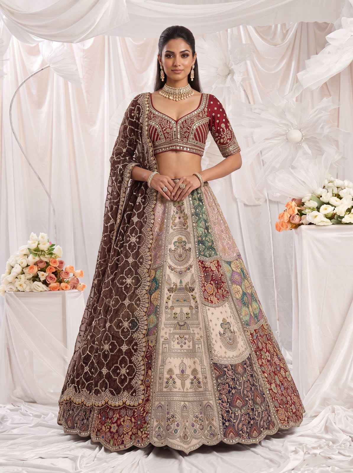 Off White Pure Silk Multi-Toned Patchwork Embroidery Real Hand Mirror Sequins Work Bridal Lehenga Choli