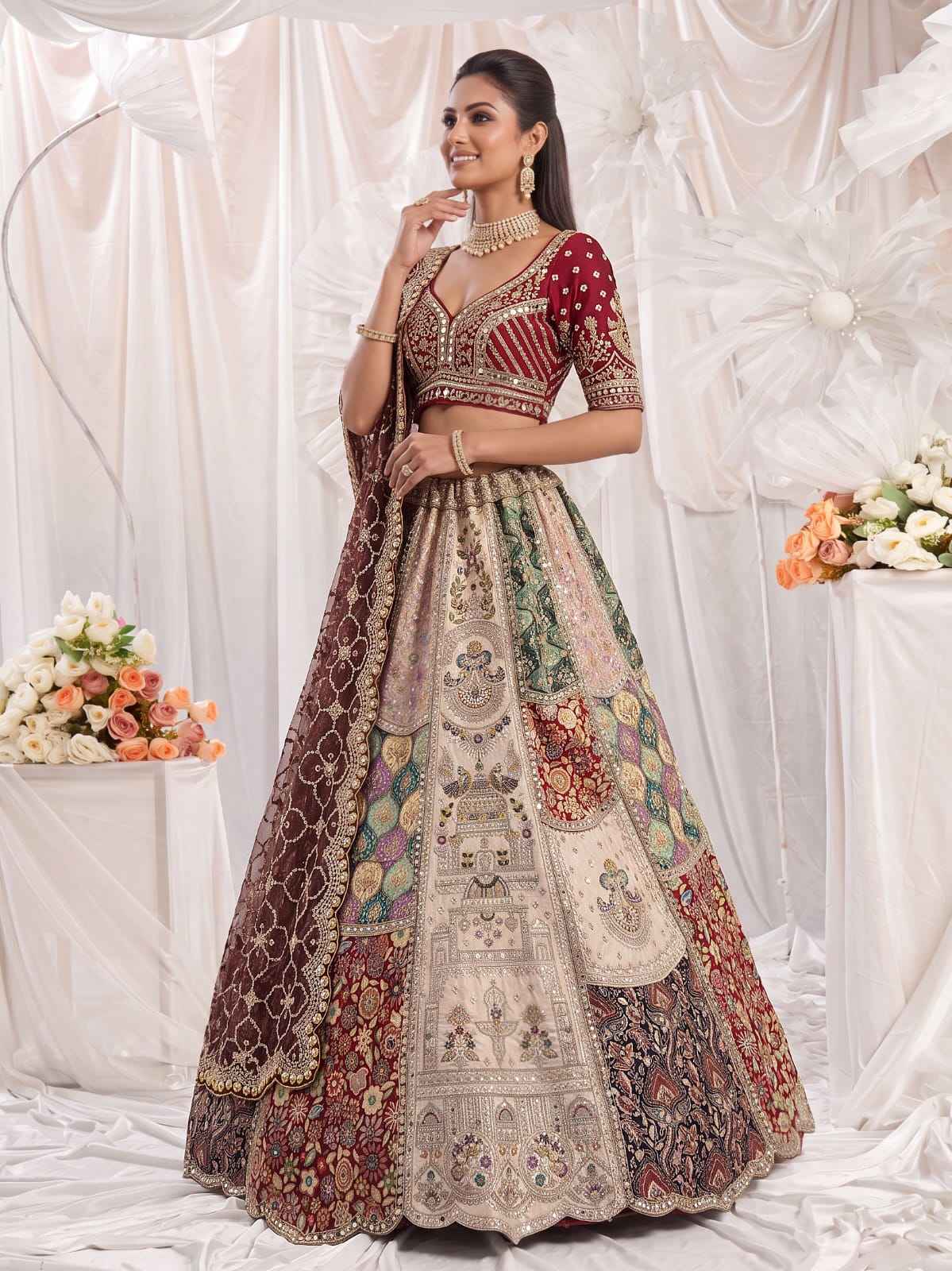 Off White Pure Silk Multi-Toned Patchwork Embroidery Real Hand Mirror Sequins Work Bridal Lehenga Choli